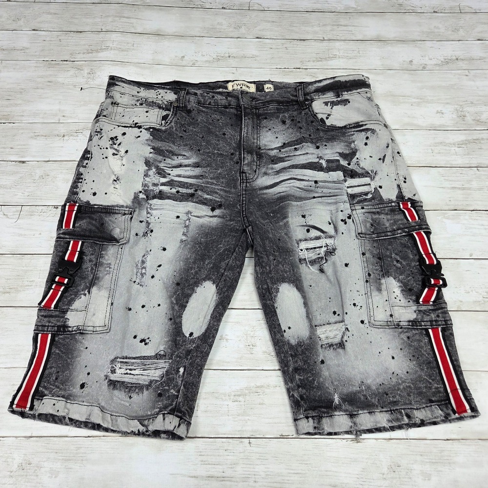 FWRD Denim Cargo Shorts Men 40 Gray Acid Wash Slim Fit Distressed Paint Splatter